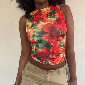 Topshop Red and Green Tie-Dye Crop Top